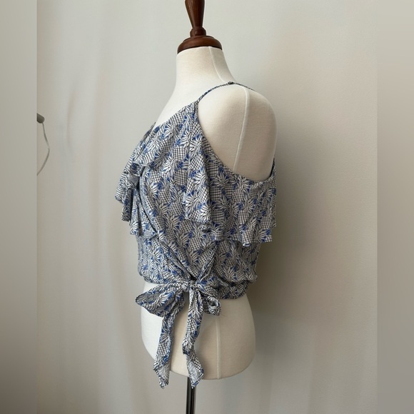NWT Maeve Anthropologie Blue Pineapple Print Ruffle Cropped Blouse Size Small - Picture 4 of 6